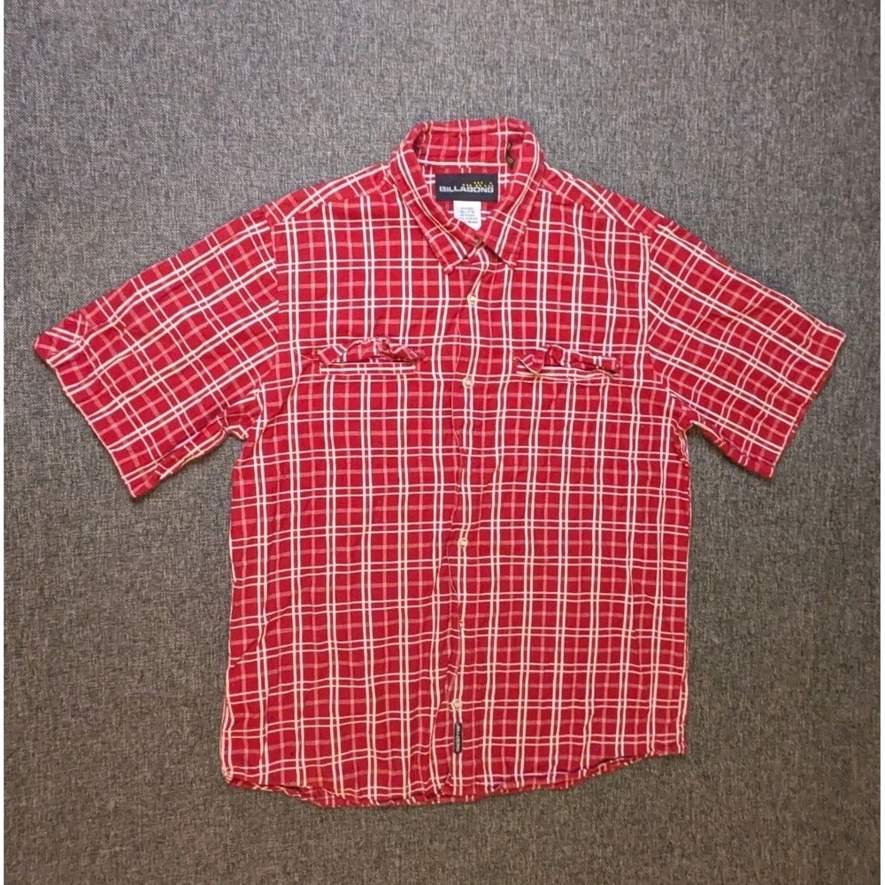 Billabong Mens Short Sleeve Plaid Button Up Shirt Red & White Medium Grunge Y2K
